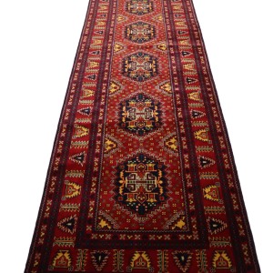 14 ft Long Afghan Runner Rug, Turkmen Handmade Tribal Geometric Yousufi design rug, Hallway Runner Rug, Oriental Vintage Rug, 95x435 cm Persian Rug